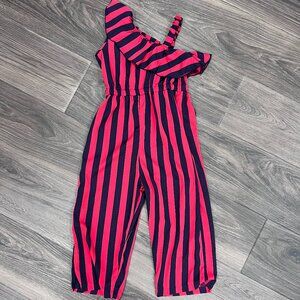 Girls 8-9 Striped Red / Navy Assymetrical Neckline Jumpsuit